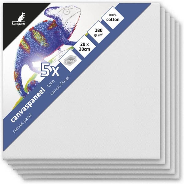 Kangaro canvaspaneel - 20x20 cm - 5 stuks - 3mm board - 280gr katoen - 3x primed - K-802020