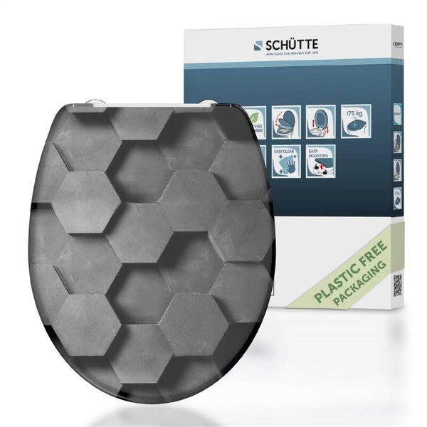 SCHÜTTE WC-Bril 82392 GREY HEXAGONS - Duroplast - Soft Close - Afklikbaar - RVS-Scharnieren - Belastbaar tot 175 kg - Decor - 3-zijdige Print