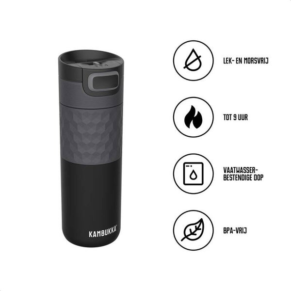Kambukka Etna Grip Thermosbeker 500 ml - makkelijk reinigen - lekvrije Koffiebeker - Black Steel