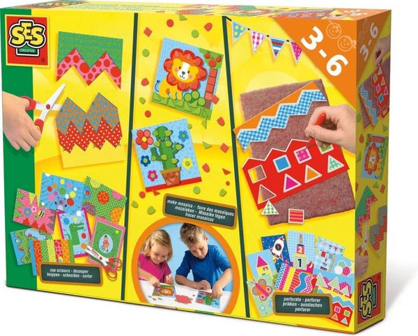 SES Creative - Ik leer knippen, mozaïeken en prikken - 3-in-1 - knip set met veilige schaar, prik set en mozaïek set - knutselpakket - speelgoed 3 jaar