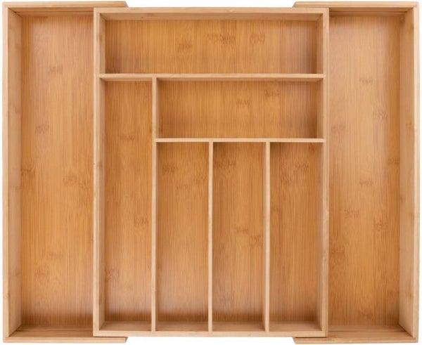alpina Uitschuifbare Bestekbak - Besteklade met 6 tot 8 Vakken - Bamboe - Past tussen 34 en 56,5 cm Ladebreedte - 34-56.5 cm x 46 x 6 cm