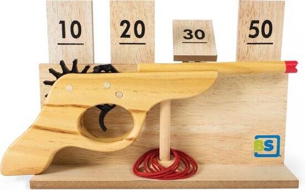 BS Toys Elastiek Pistool Schietspel - Mik en Schiet Speelgoed vanaf 6 Jaar - Houten Actiespel