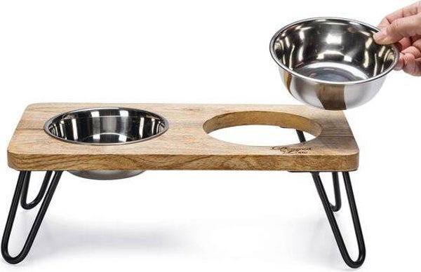 Designed by Lotte Linga – Dinerset Kat – Katten Voerbakken - Hout/metaal – incl. 2 bakjes – 31x16x10