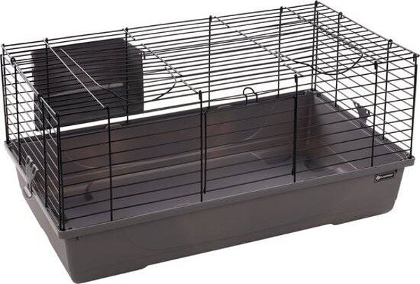 Hamsterkooi – Flamingo Mobi – caviakooi & dwergkonijnenkooi – binnenkooi met hooiruif en diepe bodem – metaal zwart & grijs – 75x47x40 cm – Europese kwaliteit