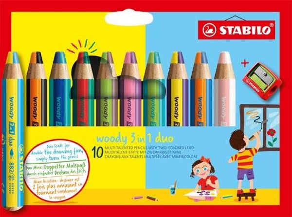 STABILO Woody 3 in 1 Duo - Multi Talent Kleurpotlood - Etui Met 10 Kleuren + Puntenslijper