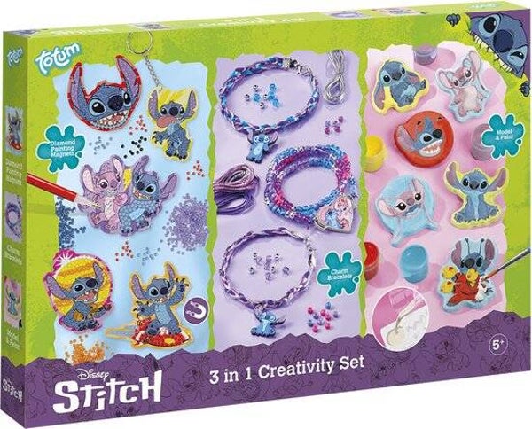 Disney Stitch Totum 3 in 1 knutselset XL - armbandjes, gips gieten, diamond painting magneten en sleutelhanger knutselen - creatief speelgoed cadeau tip knutselen jongens en meisjes vanaf 5 jaar