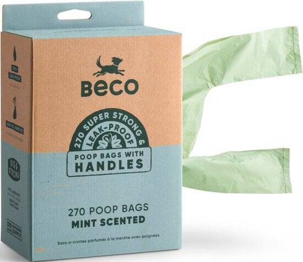 Beco duurzame hondenpoepzakjes gemaakt van gerecycled plastic met mintgeur en handvat - 270 zakjes