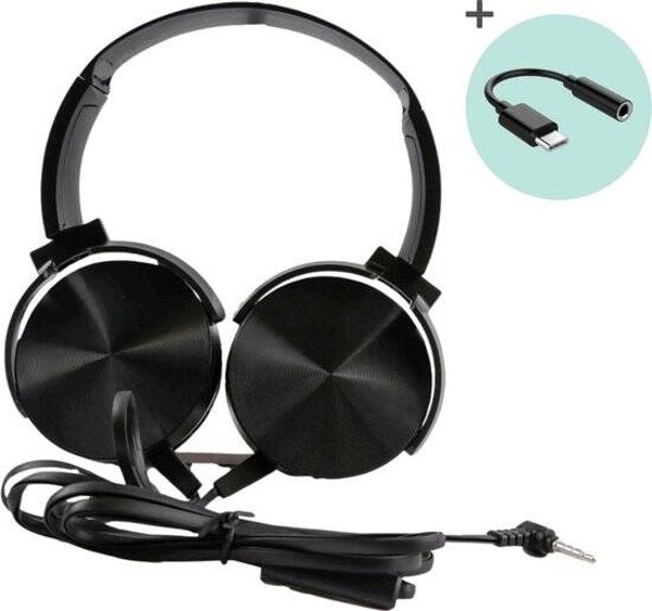 Platinet PH450 Bedrade Koptelefoon - Mega Bass - Met microfoon - 1.5 m kabel - 3.5mm jack met USB-C adapter - Zwart