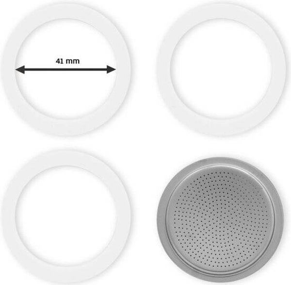Bialetti - Set Filterplaatje aluminium (41mm) - Voor de Bialetti Moka Express en Moka Induction, 2 Kops - Inclusief 3 Rubberen Ringen (binnenmaat ring 41mm)