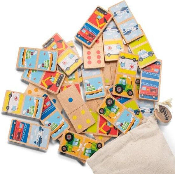 Woet® Houten Domino Spel met Voertuigen - Spelletjes voor Kinderen - FSC - Inclusief Opbergzak - Educatief Speelgoed - Vanaf 2 Jaar