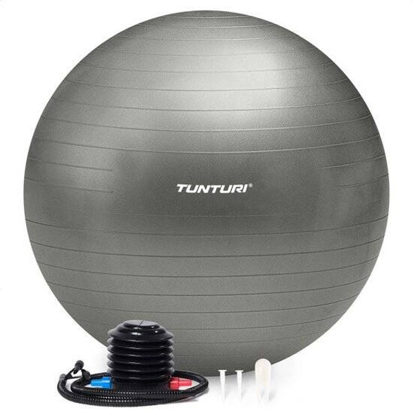 Tunturi Anti Burst Fitness bal met Pomp - Yoga bal 90 cm - Pilates bal - Zwangerschapsbal – 220 kg gebruikersgewicht - Incl Trainingsapp – Zilver