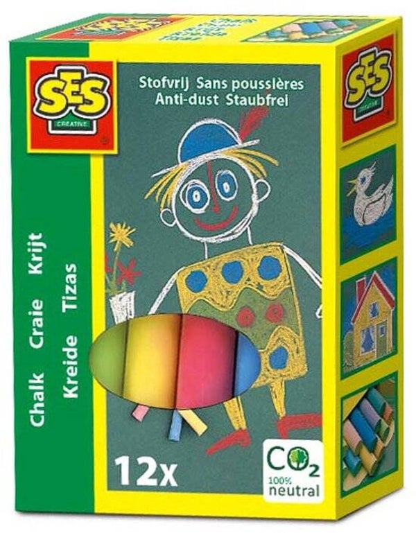 SES Creative - Krijt 12 kleuren - stofvrij - heldere kleuren - schoolkrijt - makkelijk uitwasbaar