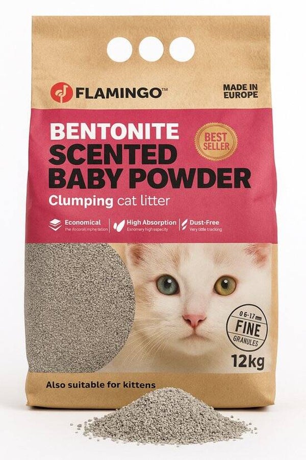 Flamingo Kattenbakvulling Klontvormend Babypoeder – Kattebakvulling Fijne Bentoniet – Kattenbak Vulling Stofvrij & Geurvrij – 12L (12 KG) voor 10 Weken – Uit Europa