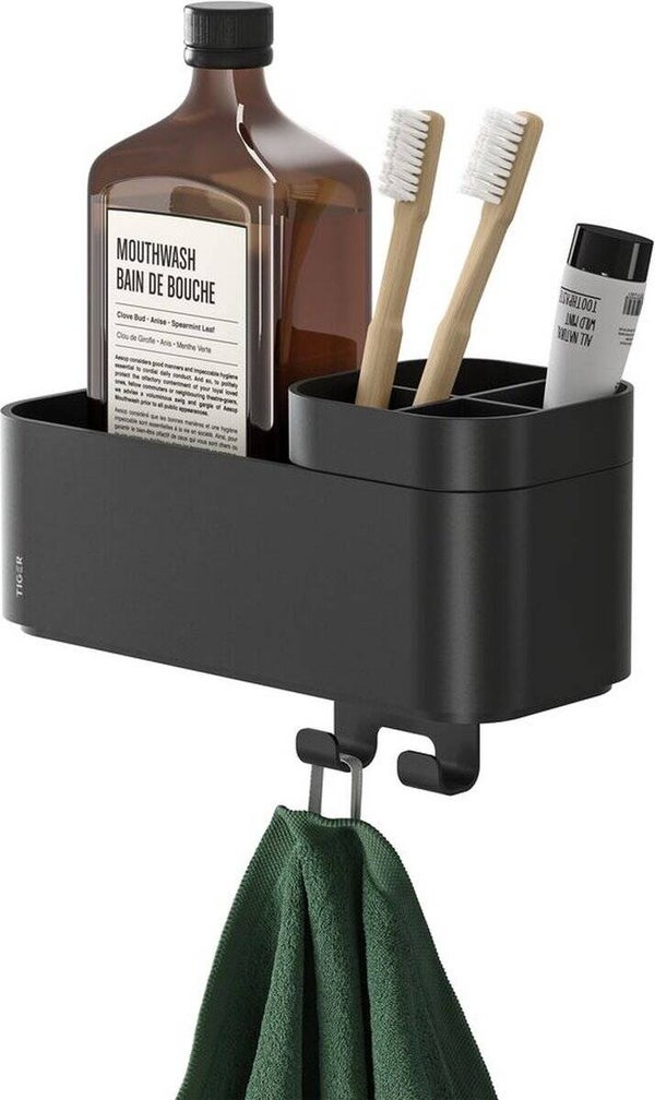 Tiger 2-Store - Tandenborstelhouder - Doucherek - Badkamer opbergrek - met handdoekhaakjes - Zonder boren - Boren of lijmen - Zwart