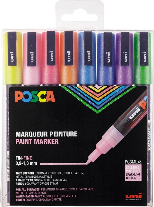 Posca - paintmarker PC-3M | set van 8 markers | glitter | assorti