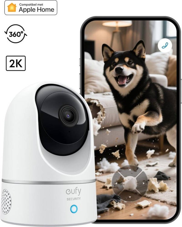 eufy Security E220 Binnencamera - 2K Pan & Tilt - Indoor Cam - Huisdiercamera - Petcam ; 2K-resolutie - Panoramische en kantelfunctie - Nachtzicht - Bewegings- en geluidsdetectie - Tweerichtingsaudio - Compatibel met Amazon Alexa en Google Assistant