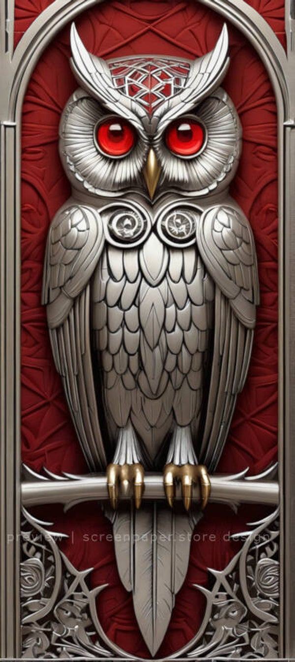 Silver Gothic Owl Phone Wallpaper – 4K HD Red Eyes & Metallic Filigree Phone Background