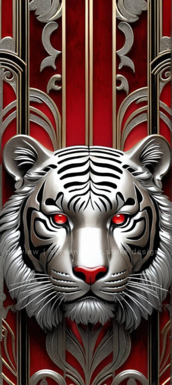 Silver Tiger Phone Wallpaper 4K HD – Watermark-Free Crimson Red & Metallic Art Deco Phone Background