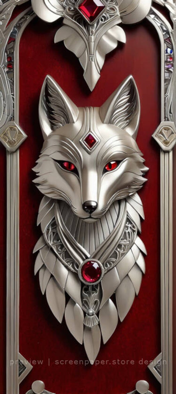 Silver Crimson Fox Phone Wallpaper – Elegant Gothic Fantasy & Filigree Phone Background