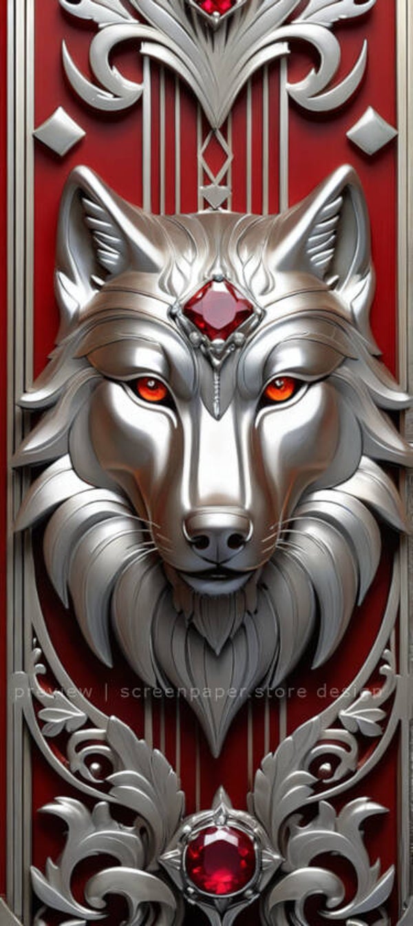 Silver Wolf Phone Wallpaper 4K HD – Watermark-Free Crimson Ruby Gemstone & Filigree Phone Background