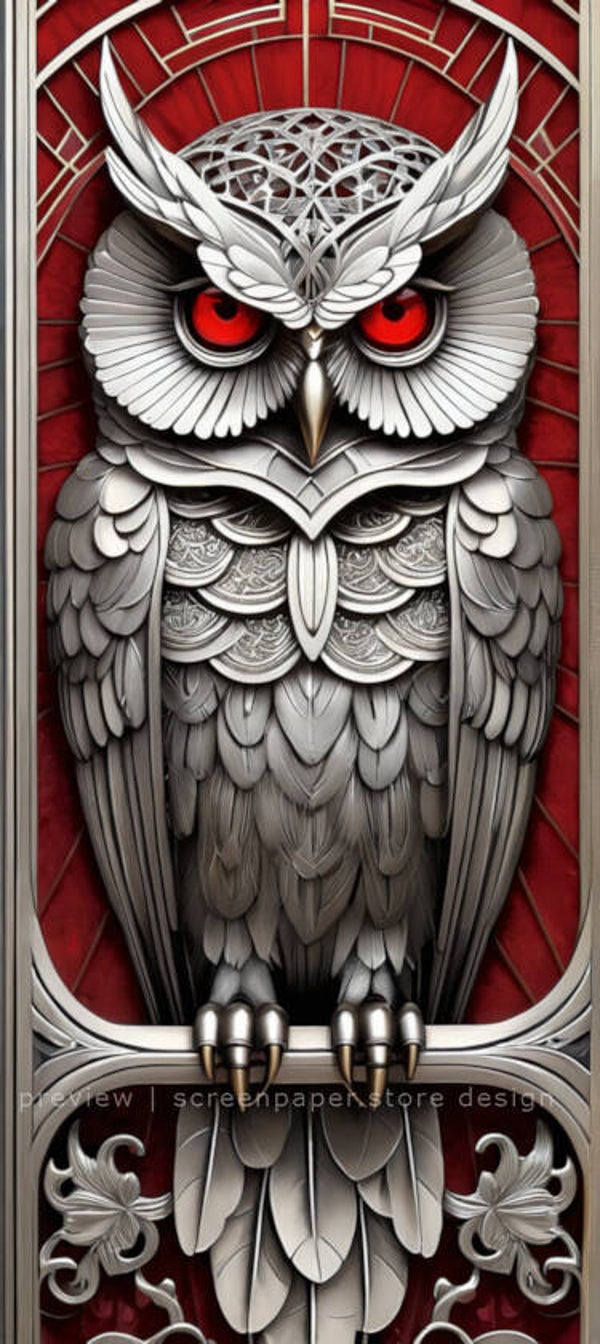 Gothic Silver Owl Phone Wallpaper – 4K HD Red Eyes Fantasy Filigree Phone Background