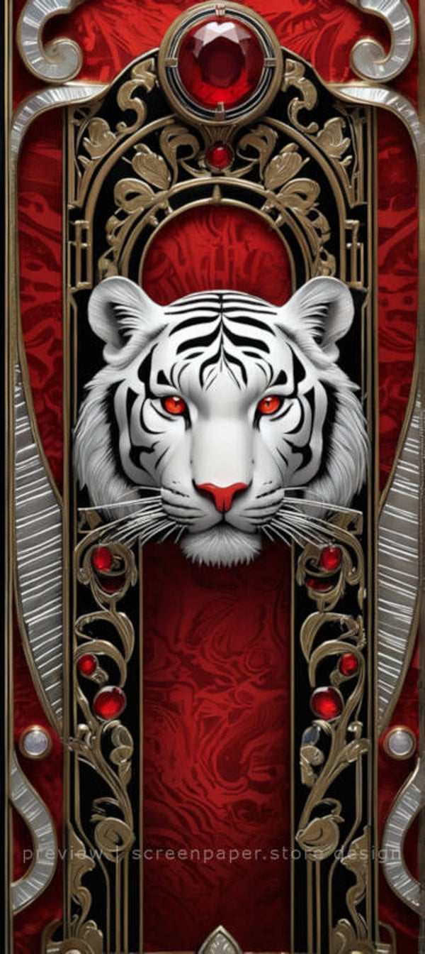White Tiger Phone Wallpaper – 4K HD Gothic Ruby & Gold Filigree Phone Background