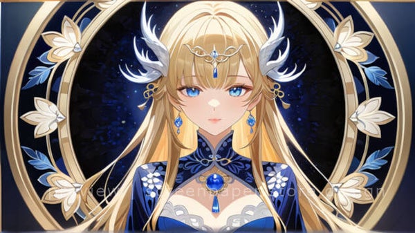 Art Deco Blonde Anime Goddess in Royal Blue - 1920x1080 Digital Wallpaper