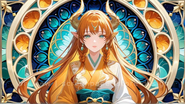 Art Nouveau Dragon Girl in Stained Glass Teal & Gold - 1920x1080 Digital Wallpaper