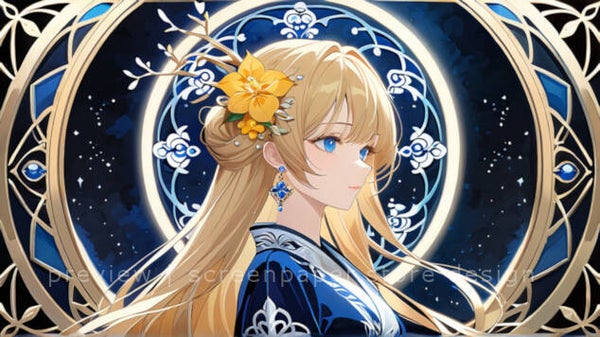 Art Deco Blonde Anime Girl with Glowing Moon - 1920x1080 Digital Wallpaper
