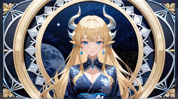 Art Deco Blonde Dragon Goddess with Night Moon - 1920x1080 Digital Wallpaper