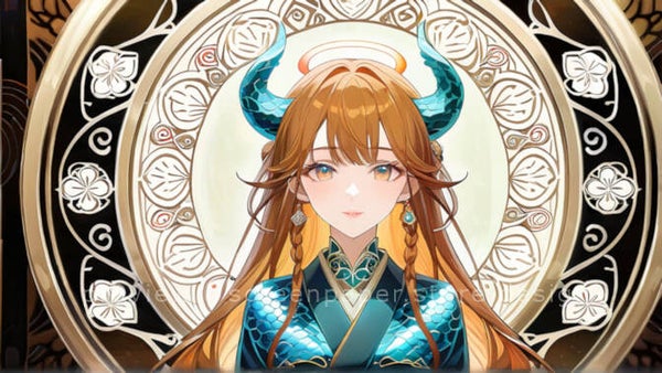 Art Deco Dragon Goddess with Turquoise Horns & Halo - 1920x1080 Digital Wallpaper