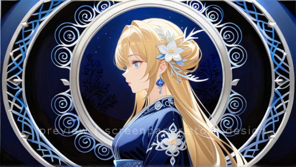 Art Deco Blonde Anime Girl in Midnight Blue & Silver - 1920x1080 Digital Wallpaper