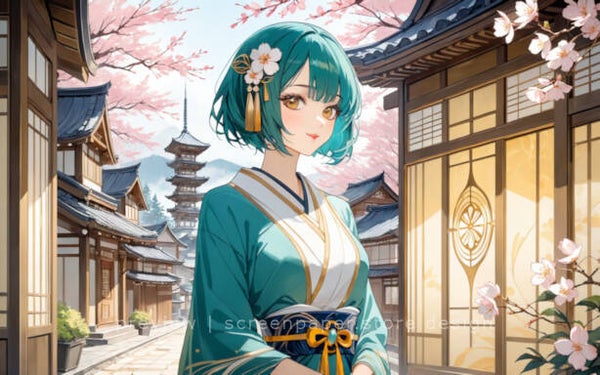 Anime Kimono Girl in Cherry Blossom Village - 2560x1600 Desktop & Tablet Wallpaper