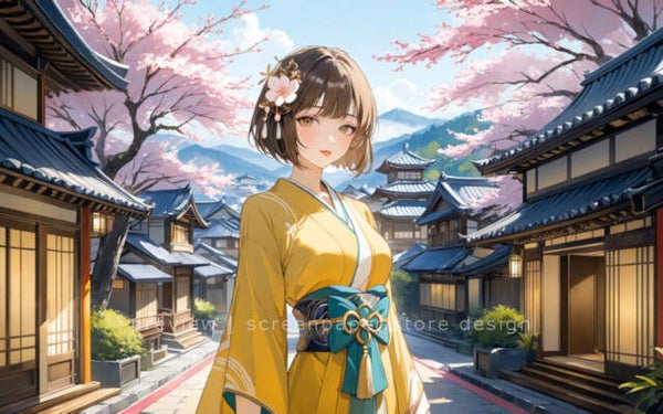 Yellow Kimono Anime Girl in Spring Village - 2560x1600 Digital Wallpaper
