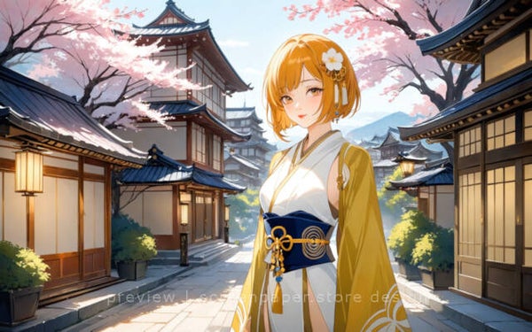 Gold & White Kimono Anime Girl in Sakura Village - 2560x1600 Digital Wallpaper