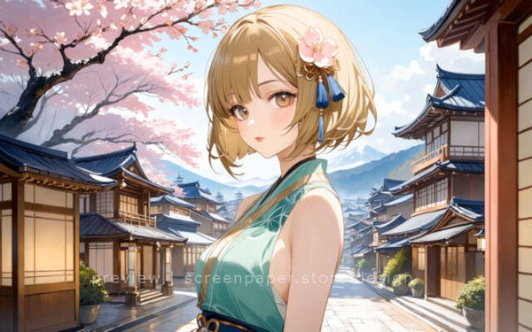 Mint Kimono Anime Girl with Mount Fuji View - 2560x1600 Digital Wallpaper
