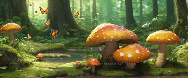 Forest landscape with orange mushrooms 3440x1440 Wallpaper