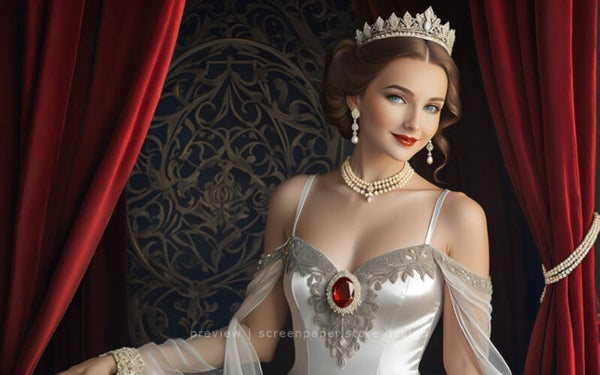 Royal Queen in White Silk Gown with Red Gemstone