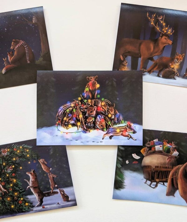 Set van 5 dubbele kerstkaarten met bosdieren 2025