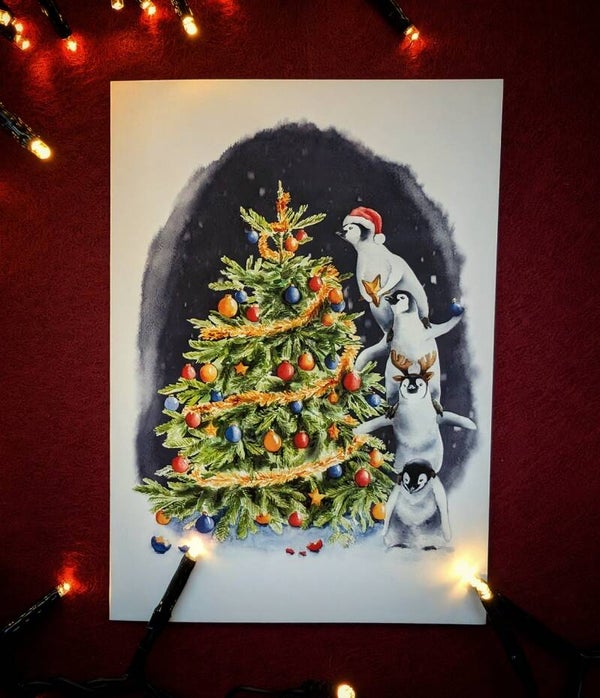 Losse kerstkaart pinguins met kerstboom