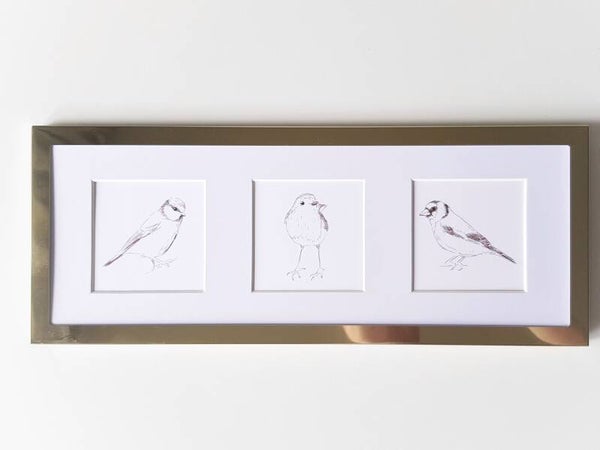 Trio vogeltjes in inkt inclusief lijst