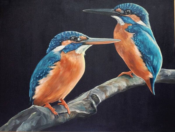 "Samen"- paartje ijsvogels op doek