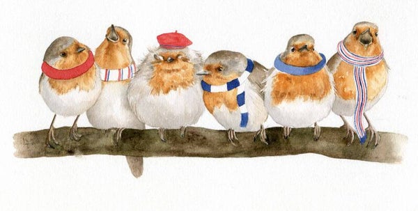 Knusse roodborstjes op een tak