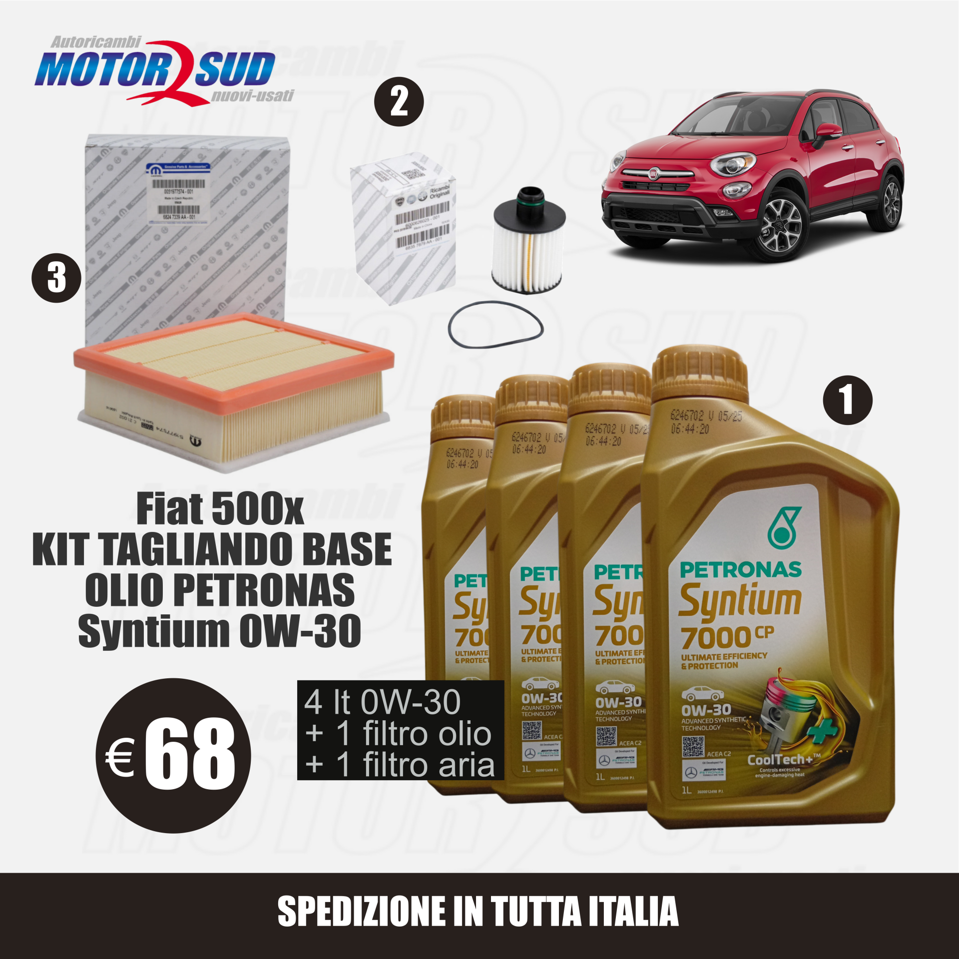 Kit Tagliando Base per Fiat 500x  - 4lt Petronas 0W-30 + Filtro Olio + Filtro Aria