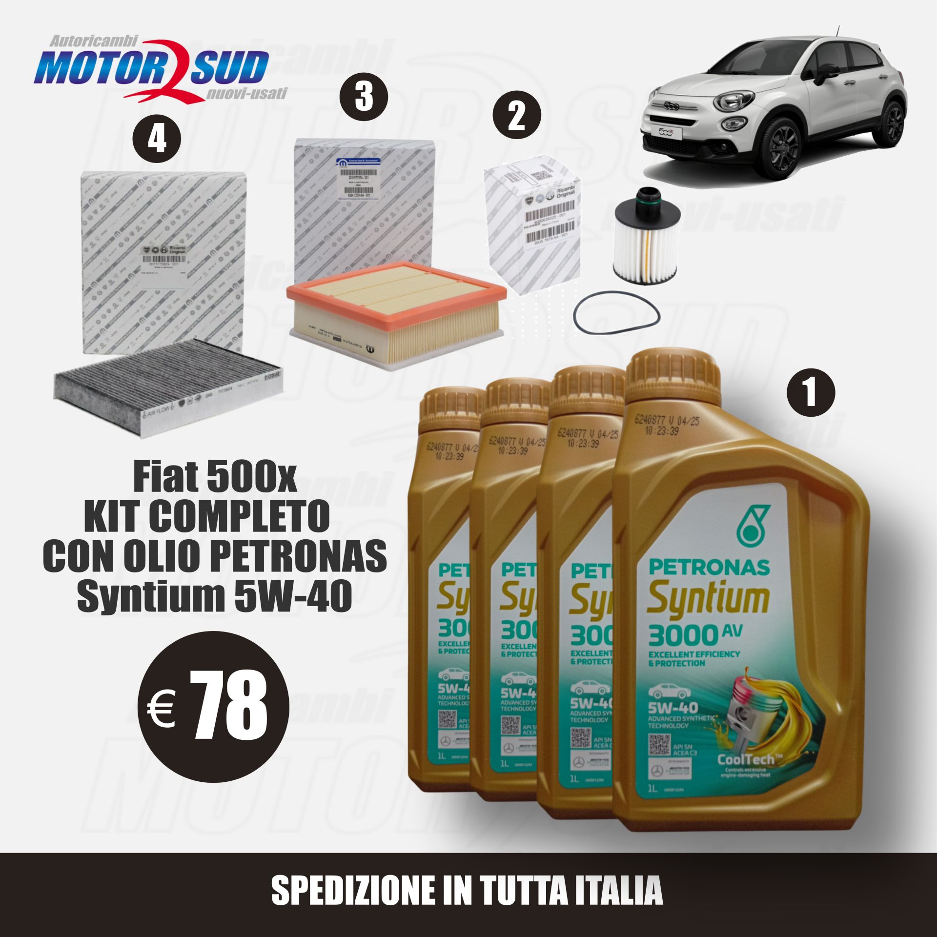 Kit Tagliando Completo per Fiat 500x  - 4lt Syntium 5W-40 + Filtro Olio + Filtro Aria + Filtro Abitacolo