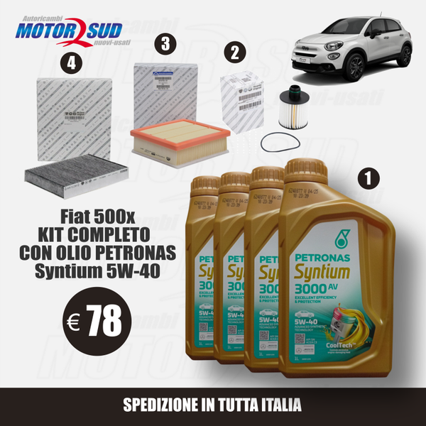 Kit Tagliando Completo per Fiat 500x  - 4lt Syntium 5W-40 + Filtro Olio + Filtro Aria + Filtro Abitacolo