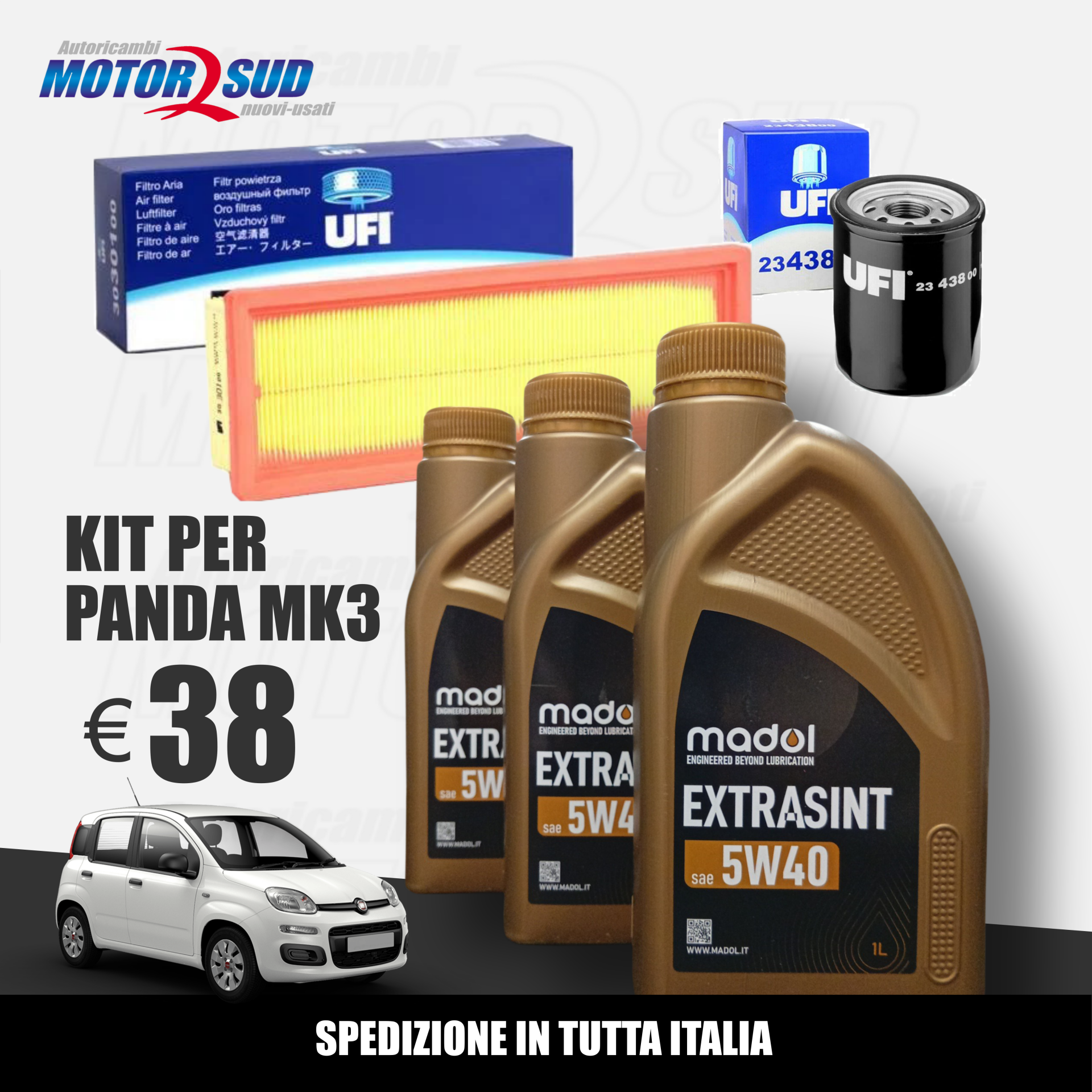 Kit Tagliando per Panda MK3 3lt Madol 5W40 + Filtro Olio + Filtro Aria
