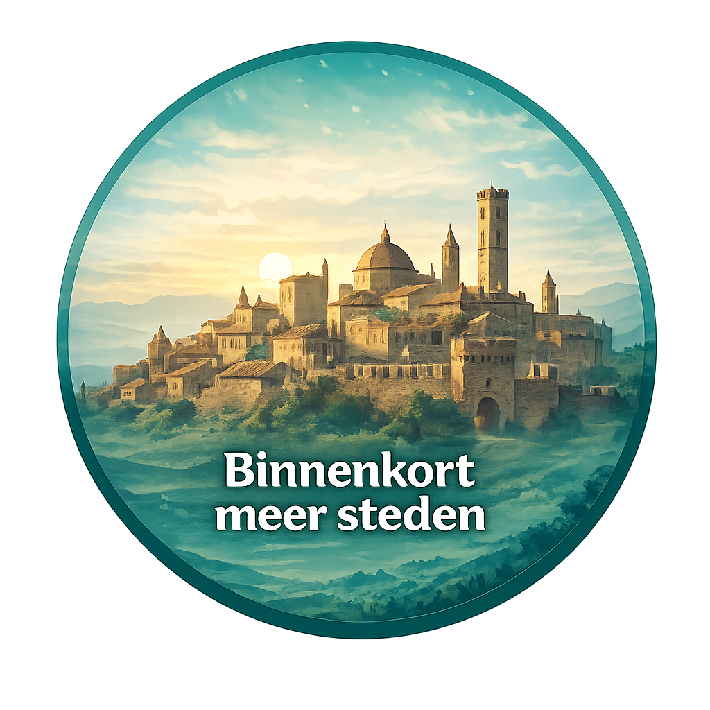 City Quest stadsspel met aankondiging “Binnenkort meer steden”, illustratie van een historische stad in een groen landschap.