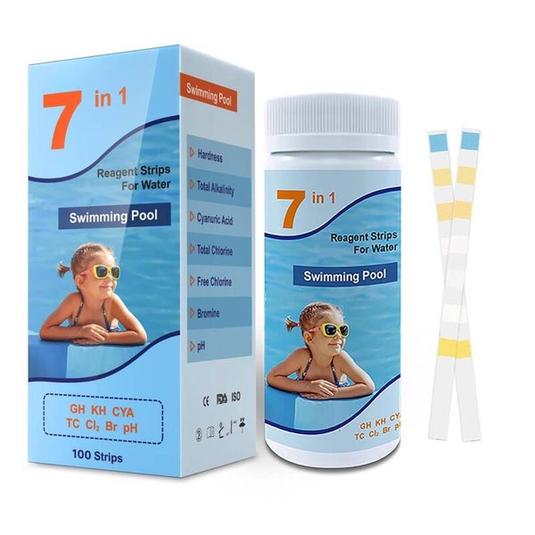 Pool Test Strips 7-in-1, Hot Tub Test Strips 100 Pcs, Pool Water Testing Kit for Hardness Total Alkalinity Cyanuric Acid Total Chlorine Free Chlorine Bromine pH