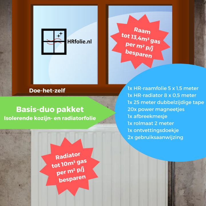 Duo-pakket isolerende HR-kozijn- en HR-radiator folie in één pakket.